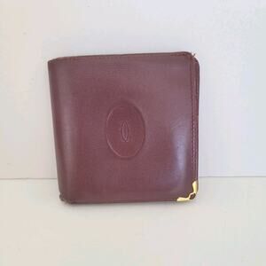 Cartier Mens Vintage Bifold Leather Bordeaux Red Wallet Medium Retro Card Fair